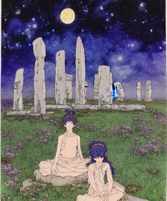 Image similar to a hyperrealist studio ghibli watercolor fantasy concept art. in the foreground is a giant long haired grey witch in lotus position sitting on top of stonehenge with a starry sky in the background. by rebecca guay, michael kaluta, charles vess