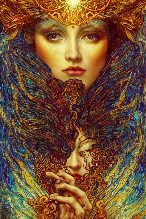 Image similar to Visions of Paradise by Karol Bak, Jean Deville, Gustav Klimt, and Vincent Van Gogh, visionary, otherworldly, fractal structures, ornate gilded medieval icon, third eye, spirals, heavenly spiraling clouds with godrays, airy colors, feathery wings