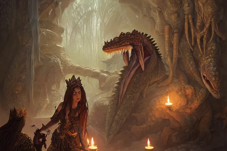 Image similar to crocodile lair priestess ceremony, deep focus, d & d, fantasy, intricate, elegant, highly detailed, digital painting, artstation, concept art, matte, sharp focus, illustration, hearthstone, art by artgerm and greg rutkowski and alphonse mucha
