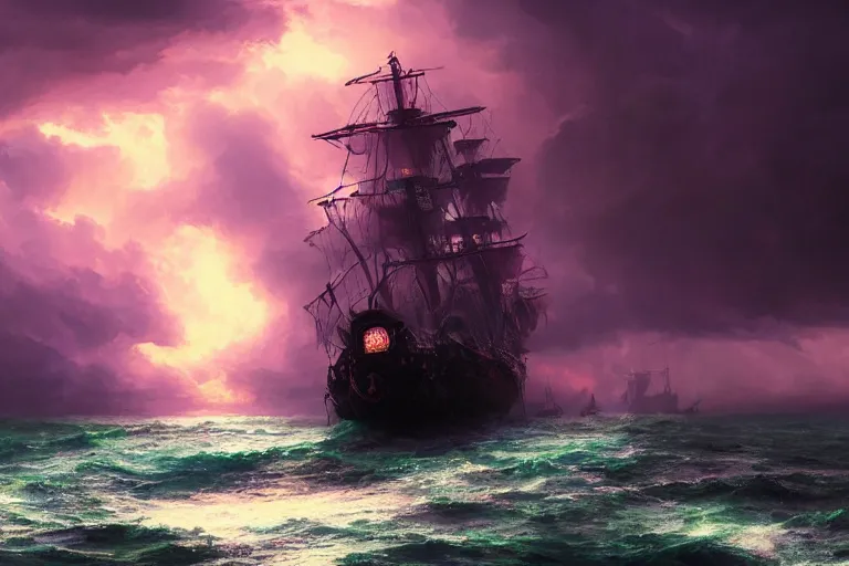 Prompt: a close up large pirate ship in violent stormy waters at night, massive electrical storm clouds in epic purple sky, digital art, cinematic, hd, by greg rutkowski, artstation