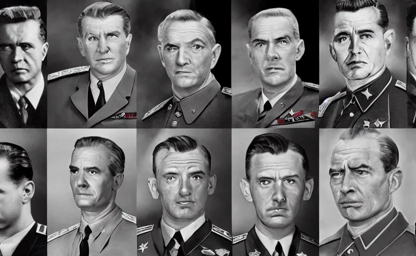 Image similar to 50s movie still of very diverse soviet generals with very detailed faces, by Alexei Guerman , Cinestill 800t 35mm black and white, heavy grainy picture, very detailed, high quality, 4k, HD criterion, precise texture