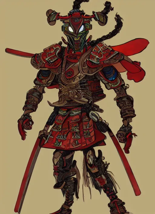 Prompt: Samurai with an insectoid armor, in the style of Sam Guay and Fenghua Zhong and James Jean, trending on artstation