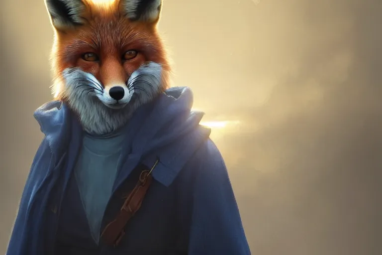 Image similar to portrait of a fox wearing blue coat stood outside a school, trending on artstation, highly detailed, digital painting, volumetric light, concept art, middle focus, illustration, lighting by Marc Adamus, daren bader, aleksi briclot, rutkowski, bouguereau