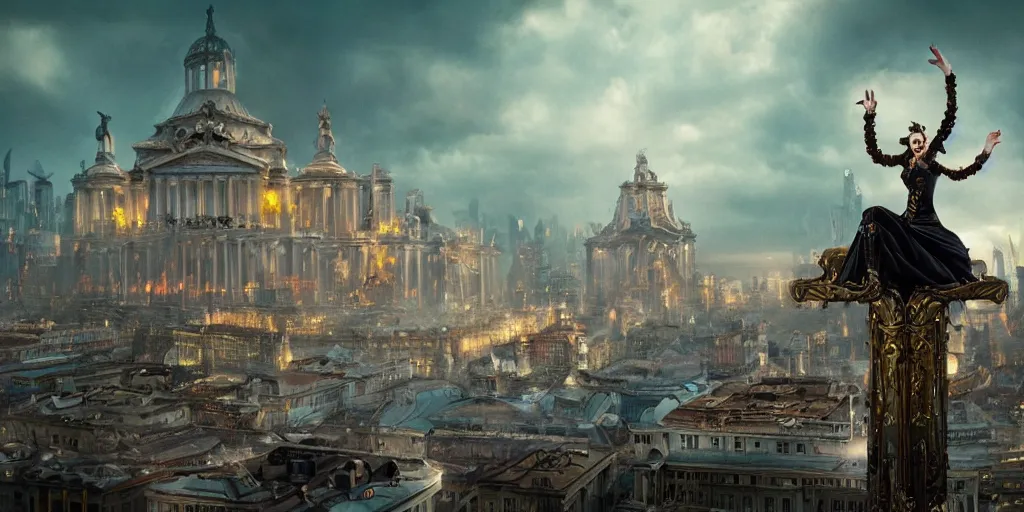 Prompt: movie closeup the amazing floating neoclassical city, fantasy, steampunk, a colorful fashion icon is sitting on the top of a roof. intricate, amazing composition, gloomy by emmanuel lubezki