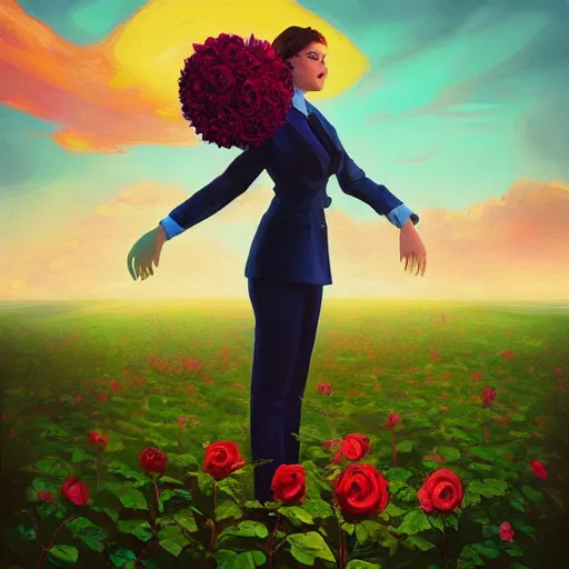 Prompt: closeup, giant rose flower head, frontal, girl in a suit, surreal photography, sunrise, blue sky, dramatic light, impressionist painting, digital painting, artstation, simon stalenhag