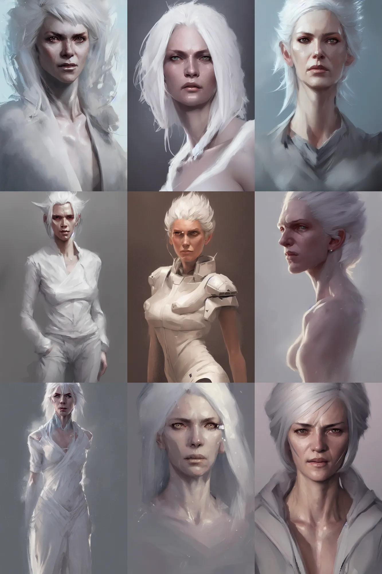 Prompt: full length portrait of a random white haired female character by greg rutkowski, highly detailed, portrait, scifi, digital painting, artstation, concept art, smooth, sharp focc