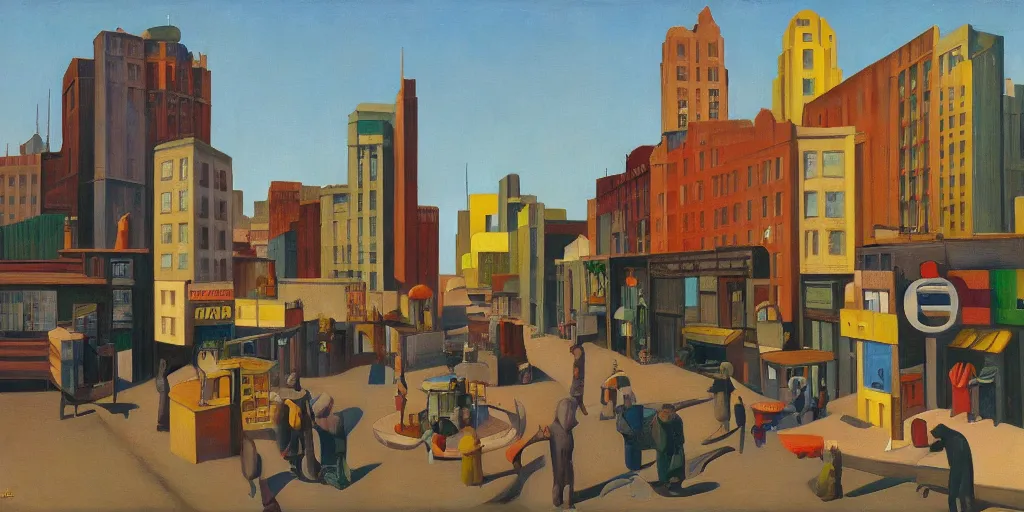 Image similar to toylike town, street elevation, market, grant wood, pj crook, edward hopper, oil on canvas