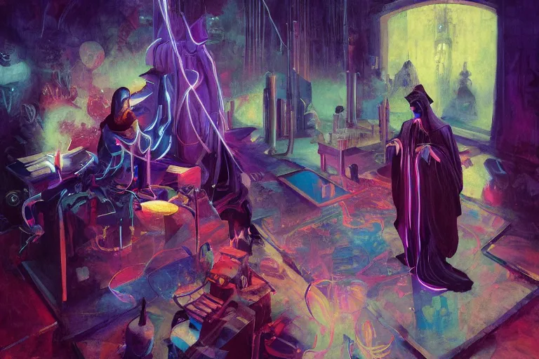 Image similar to A beautiful masterpiece painting of a technomancer wizard in robes with pointed hood discussing sentience with his synthesized Al djinn in his laboratory near a computer (by Remedios Varo and Anato Finnstark and Greg Rutkowski), (dayglo pink, dayglo blue, dazzle camouflage), 8k, trending on ArtStation