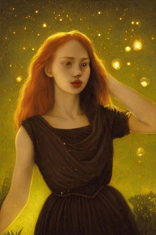 Image similar to a happy a young woman, among the lights of golden fireflies and nature, long loose red hair, intricate details, bright green eyes, freckles on the nose, round gentle face, full body portrait, sophisticated dress, golden ratio, high contrast, photorealistic digital art by artemisia lomi gentileschi and caravaggio and tomacz alen kopera.