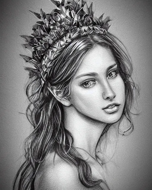 Image similar to pencil drawing of a beautiful greek goddess aphrodite wearing a laurel wreath and arrowhead earrings, beautiful confident eyes, beautiful flowing hair, hyper realistic face, in the style of artgerm, fantasy, amazing detail, epic, elegant, smooth, sharp focus, from the front, long shot