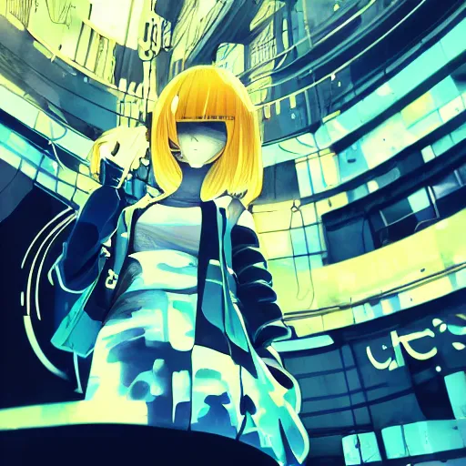Image similar to Frequency indie album cover, luxury advertisement, blue filter, blue and black colors. Clean and detailed post-cyberpunk sci-fi close-up schoolgirl in asian city in style of cytus and deemo, blue flame, relaxing, calm and mysterious vibes, by Tsutomu Nihei, by Yoshitoshi ABe, by Ilya Kuvshinov, by Greg Tocchini, nier:automata, set in half-life 2, GITS, Blade Runner, Neotokyo Source, Syndicate(2012), dynamic composition, beautiful with eerie vibes, very inspirational, very stylish, with gradients, surrealistic, dystopia, postapocalyptic vibes, depth of field, mist, rich cinematic atmosphere, perfect digital art, mystical journey in strange world, beautiful dramatic dark moody tones and studio lighting, shadows, bastion game, arthouse