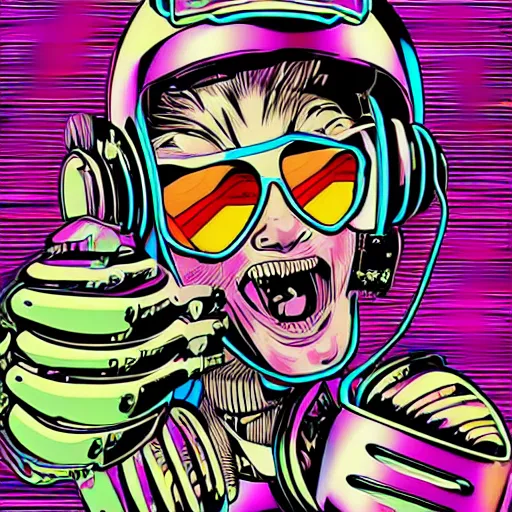 Image similar to artgerm, psychedelic laughing cybertronic robot, rocking out, headphones dj rave, digital artwork, r. crumb, svg vector