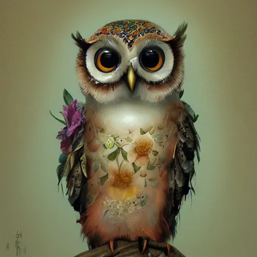 Image similar to medium close - up shot of a very cute and relaxed highly floral ornamented owl chick, by esao andrews, by m. w. kaluta, by yoshita amano, volumetric light, rich colors, natural lighting, very humorous!!!, smooth, depth perception, 4 k, unreal engine 5, artstation