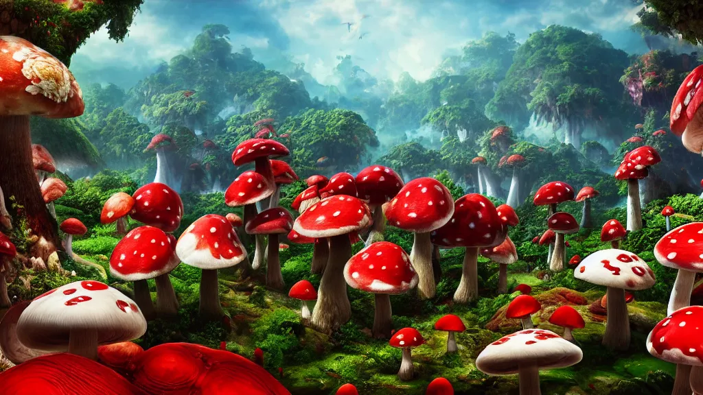 Image similar to archipelago in the mushroom kingdom, red and white spotted giant mushrooms, exotic flora, giant roses, thousands of flowers, fantasy artwork, very very very beautiful scenery, hd, hdr, ue 5, ue 6, unreal engine 5, cinematic 4 k wallpaper, 8 k, ultra detailed, high resolution, artstation, award winning