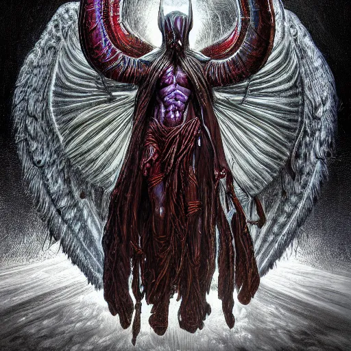 Image similar to photorealistic biblically accurate demonic alien archangel the style of michael whelan and gustave dore. hyperdetailed photorealism, 1 0 8 megapixels, amazing depth, glowing rich colors, powerful imagery, psychedelic overtones, 3 d finalrender, 3 d shading, cinematic lighting, artstation concept art