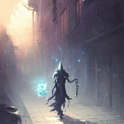 Image similar to Book of the New Sun concept art of Lictor walking through streets by Yoshitaka Amano, Greg Rutkowski, Anato Finnstark, and Barlowe