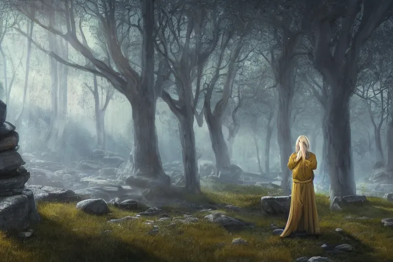 Image similar to scene with a beautiful realistic blond priestess, 30 years old woman, praying in an antic sanctuary, in front of the horizon at dawn, some clouds, runic stones and columns in the background, some trees, cinematic light, digital painting by Magali Villeneuve and wlop, atmospheric effects, fireflies, 4K, artstation, deviantart