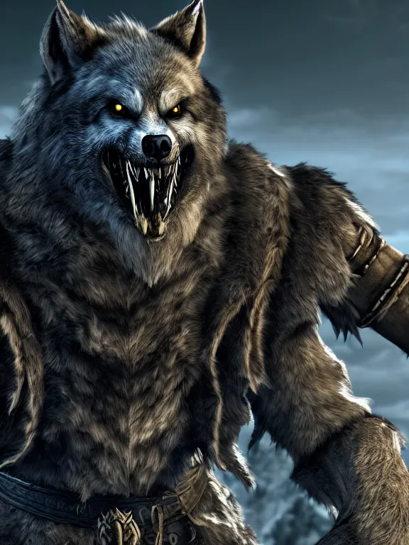 Image similar to cute handsome cuddly burly surly werewolf from van helsing unreal engine hyperreallistic render 8k character concept art masterpiece screenshot from the video game the Elder Scrolls V: Skyrim