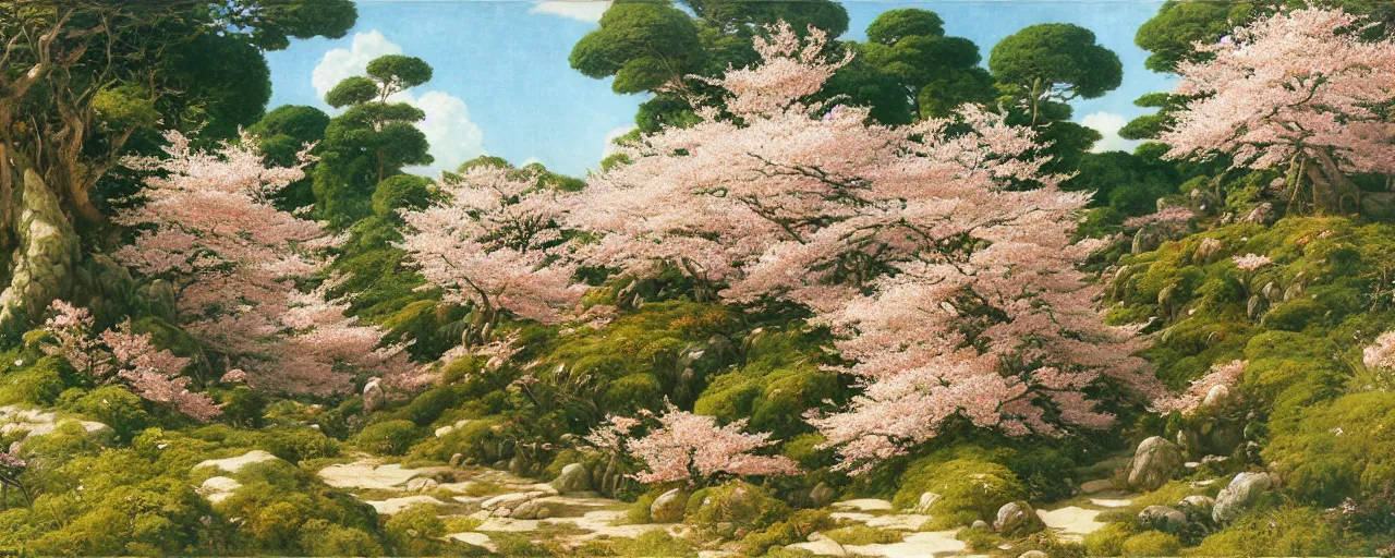 Prompt: ghibli illustrated background of a flowery rocky grassy jungle with cherry blossom by eugene von guerard, ivan shishkin, john singer sargent