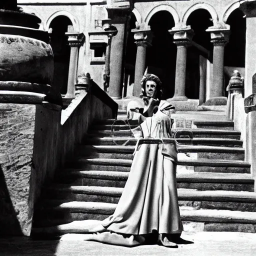 Prompt: Greta Garbo as Tosca near the Castel San Angelo in the 1959 film by George Cukor