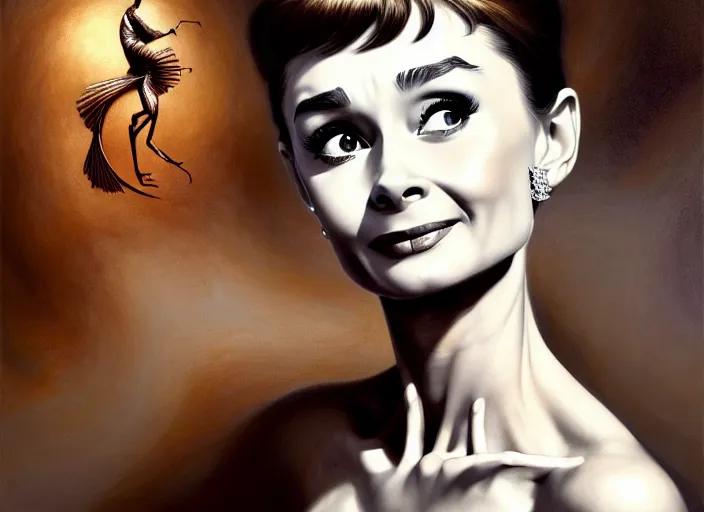 Image similar to wideangle!! portrait shot of audrey hepburn, intricate, elegant, highly detailed, centered, digital painting, artstation, concept art, smooth, sharp focus, illustration, artgerm, tomasz alen kopera, peter mohrbacher, donato giancola, joseph christian leyendecker, wlop, boris vallejo