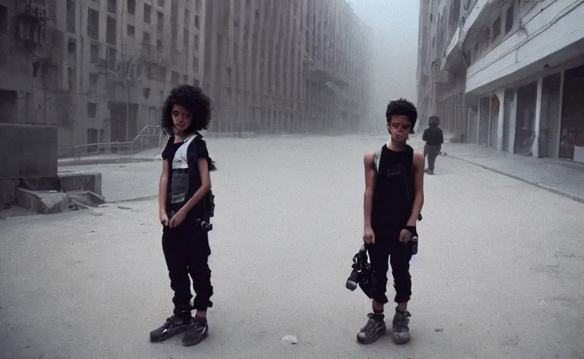 Image similar to cinestill 5 0 d candid photographic portrait by helen levitt of a mixed teen wearing rugged black mesh techwear, modern cyberpunk moody emotional cinematic, white pale concrete city, dust storm, 8 k, hd, high resolution, 3 5 mm, f / 3 2, ultra realistic faces, ex machina