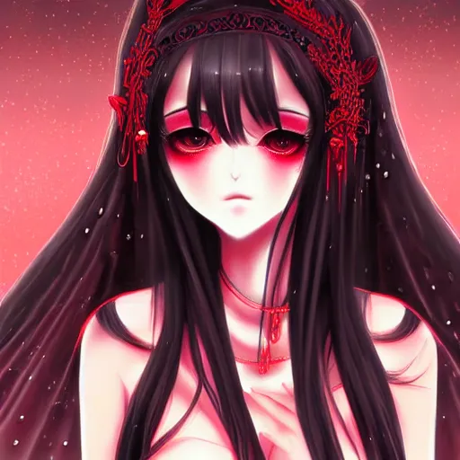 Image similar to beautiful seductive female goddess, in the rain, highly detailed, painting, dark red and black color palette, intricate, high quality anime artstyle, in the style of sana takeda