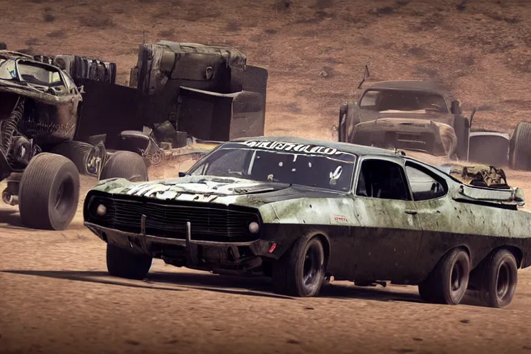 Prompt: 3 5 mm low angle photo mad max combat military black 1 9 7 3 ford falcon gt hot rod racing on a post apocalyptic road, roof mounted machine guns, gta 5, mario cart, rocket league, hyper detailed, rocket league, smooth, high contrast, volumetric lighting, octane, george miller, vibrant rich deep color, comic book