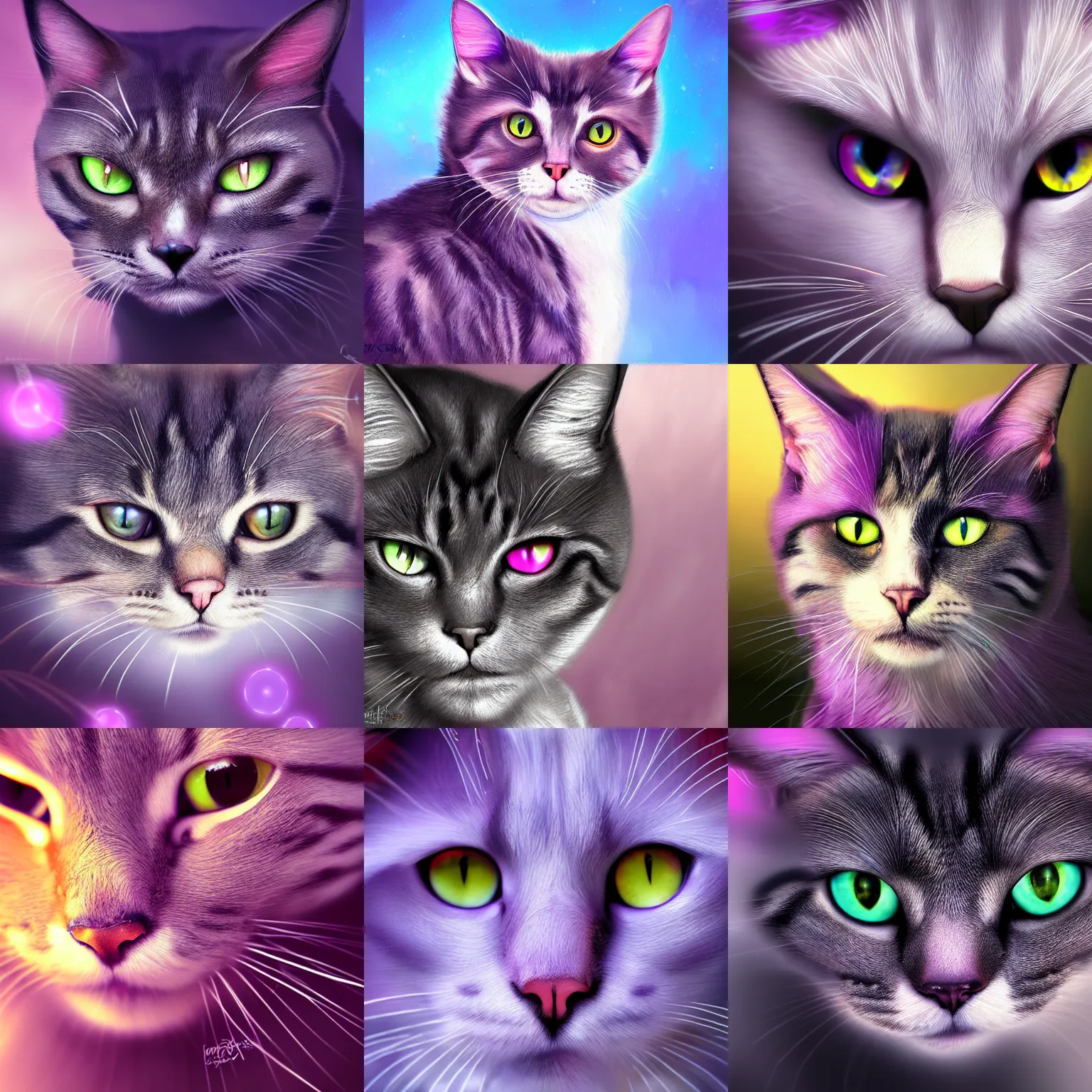 Prompt: portrait of a cat with purple eyes. closeup, intense look. lighting, clouds, bloom. fantasy, digital painting, hd, 4 k, detailed.