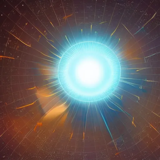 Image similar to a glowing orb of energy floating in mid - air, the inside is like a giant star - gate with portals to other spaces and dimensions, photorealistic