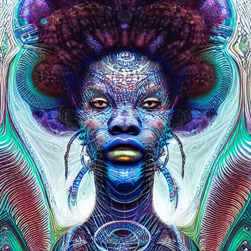 Image similar to a a portrait of an afro futuristic shaman with patterns by android jones