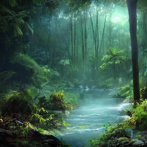 Prompt: jungle glowing river, into the forest, landscape, morning ambience, cinematic, digital art, front lit, epic, cinematic, concept art