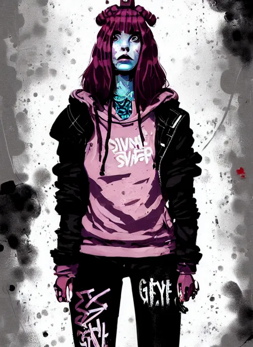 Image similar to highly detailed portrait of a sewer punk lady, tartan hoody, blonde ringlet hair by atey ghailan, by greg rutkowski, by greg tocchini, by james gilleard, by joe fenton, by kaethe butcher, gradient magenta, black, blonde cream and white color scheme, grunge aesthetic!!! ( ( graffiti tag wall background ) )