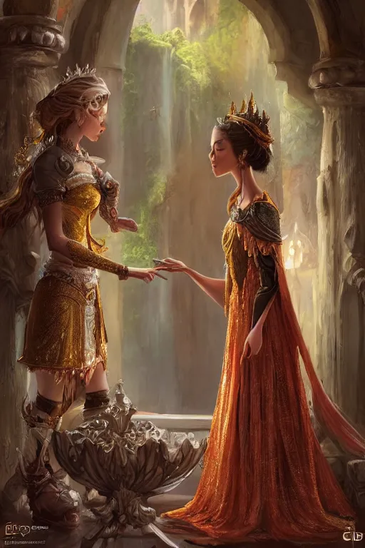 Prompt: a beautiful and highly detailed fantasy painting of a beautiful princess welcoming a well respected messenger into her private chambers by filipino hodas | cgsociety, trending on artstation, behance hd | zbrush central, octane, unreal engine :. 4 | concept art :. 4 | fantasy :. 6 | fantasy art :. 6