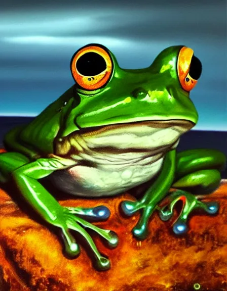 Prompt: a frog looking the end of world, oil on canvas, artstation, dramatic scenery, masterpiece, aesthetic