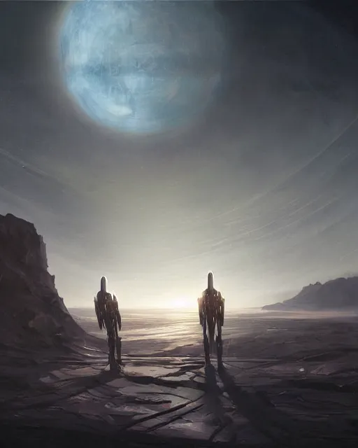 Image similar to A matted painting of humanoid Aliens of the Sun on a spaceship environment with expansive views of space, inspired by greg rutkowski and Keith Mallett, digital art, extremely moody lighting, glowing light and shadow, atmospheric, shadowy, cinematic