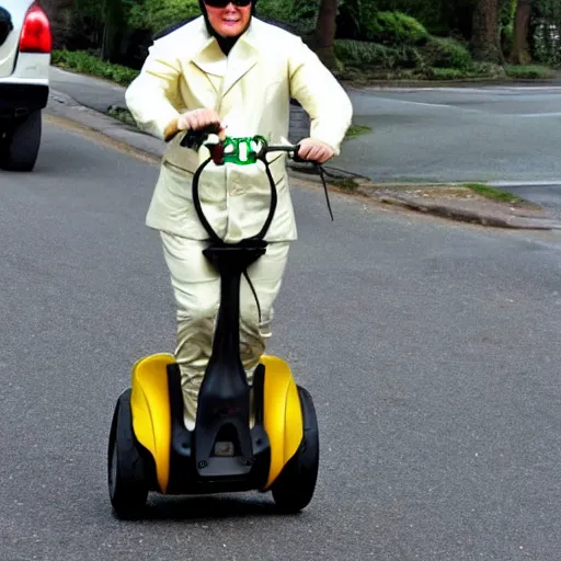 Image similar to elvis riding a segway in a frog costume