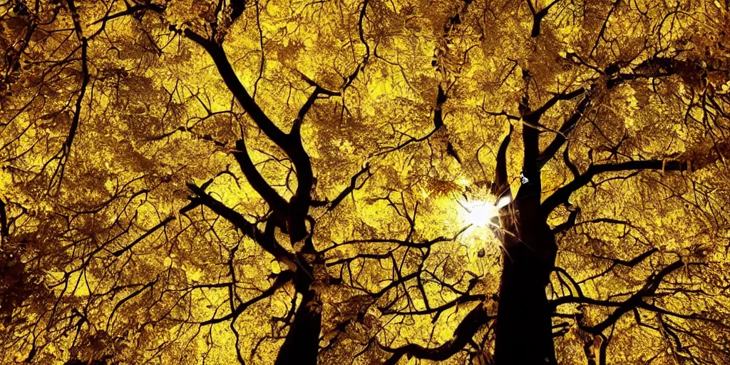 Image similar to a tall old tree with golden leaves, magnificent and sacred atmosphere, ilustration