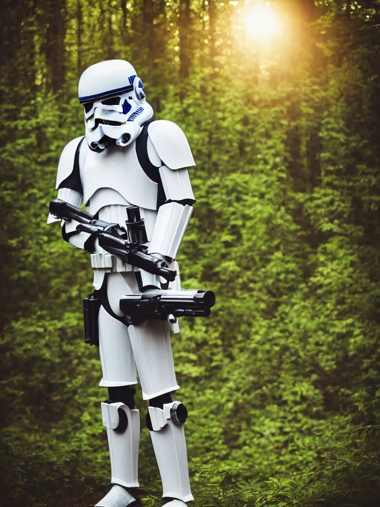 Prompt: “still of a stormtrooper with colors and markings of R2-D2, standing in the forest, golden hour, high quality, sigma 55mm, full body shot”