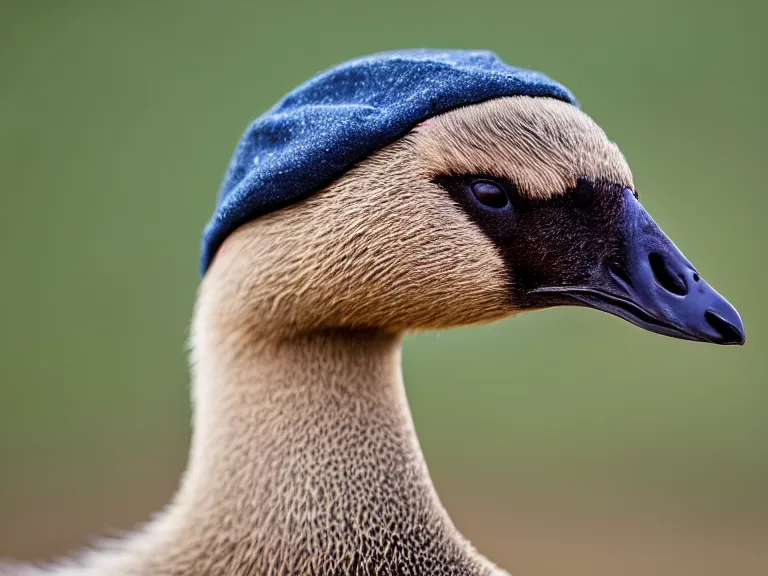 Image similar to Canadian Goose with a funny hat, Portrait Photo, Photorealistic, 100mm lens, Nat Geo Award Winner, 8k, UHD, (((((bokeh)))))