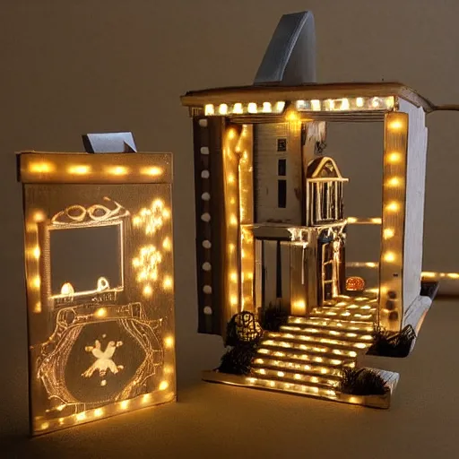 Image similar to tiny movie prop with led lights, intricate and detailed