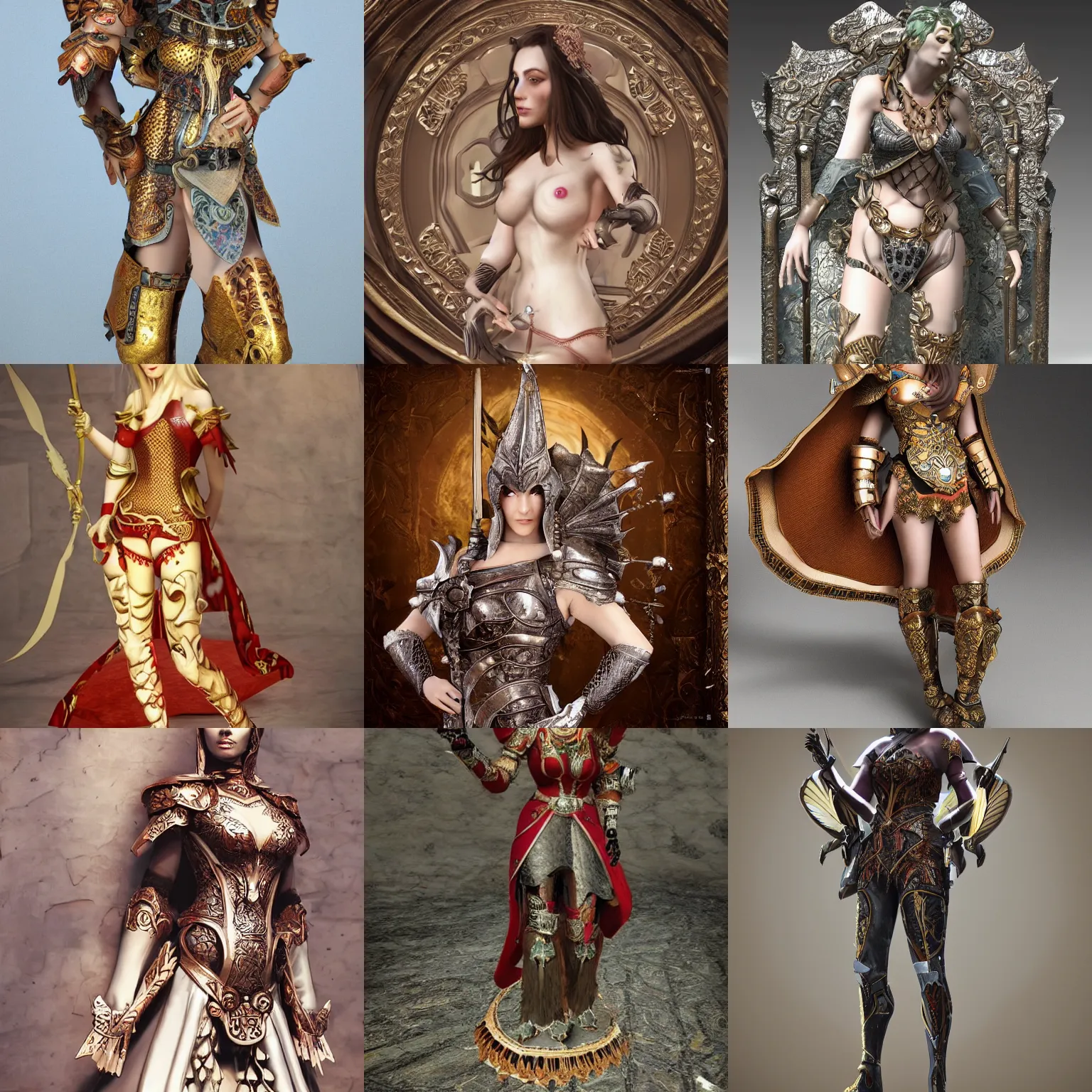 Prompt: gorgeous woman dressed in ornate armor, 3d render, hyperrealistic, high quality, HD