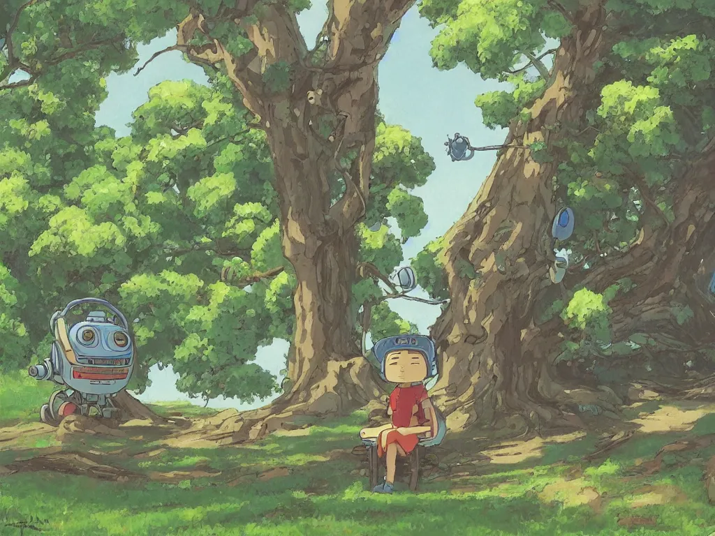 Image similar to painting of a robot sitting under a tree, in the style of Studio Ghibli, by Hayao Miyazaki