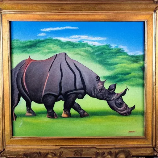 Image similar to oil on canvas of, rhinoceros hatching an egg in hawaii