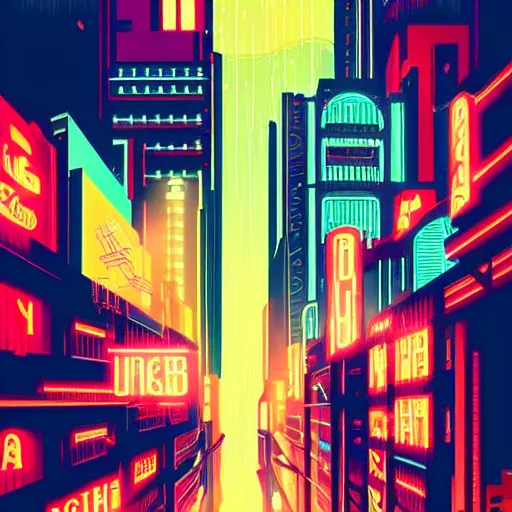 Image similar to art deco style poster of a cyberpunk city that has neon light streets, shimmering rain, and tall buildings up into the dark clouds