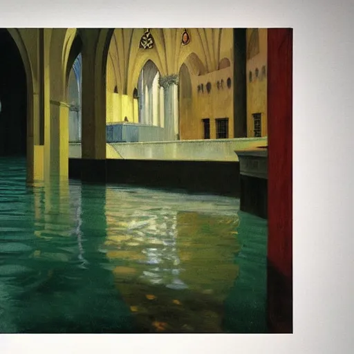 Image similar to a flooded cathedral, film still by edward hopper, by Bosch, by klimt, art noveau, highly detailed, strong lights, liminal, eerie, Bright pastel colors