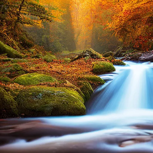 Prompt: beautiful mountain view next to a stream flowing, beautiful autumn morning, sunshine rays coming through the misty forest, ominous evil necromancer floating above the river staring at you. Magic realism hyperrealism photo-realistic lifelike maximalist psychedelic photography by Greg Rutowski and Keith Thompson 8k