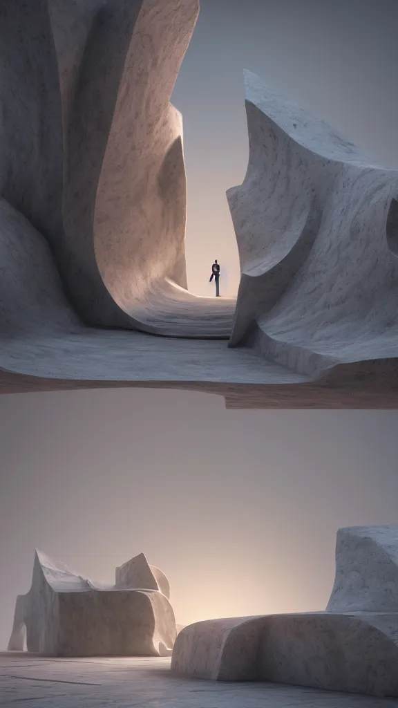 Image similar to the inside of a stone marble sculpture monument by tim blandin and arthur haas and bruce pennington and john schoenherr, architecture by zaha hadid, octane render, warm colour scheme, white, cinematic, scenery, cgsociety, modernism, futuristic, artstation, high detail, high quality, close up angle, people walking