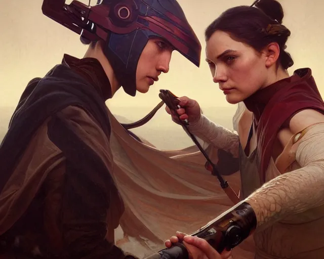 Image similar to photography of duel of the fates, deep focus, intricate, elegant, highly detailed, digital painting, artstation, concept art, matte, sharp focus, illustration, art by artgerm and greg rutkowski and alphonse mucha