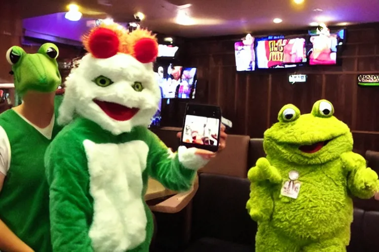 Image similar to taking a selfie with a frog fluffy mascot costume at an applebee's, cell phone photo